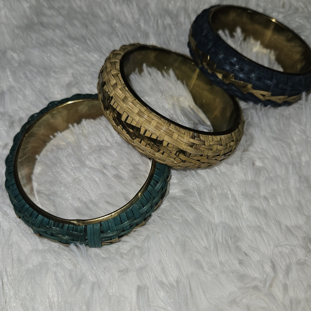 Sassy Jones Elegant Woven Bangle Set - Gold, Blue, and Tan